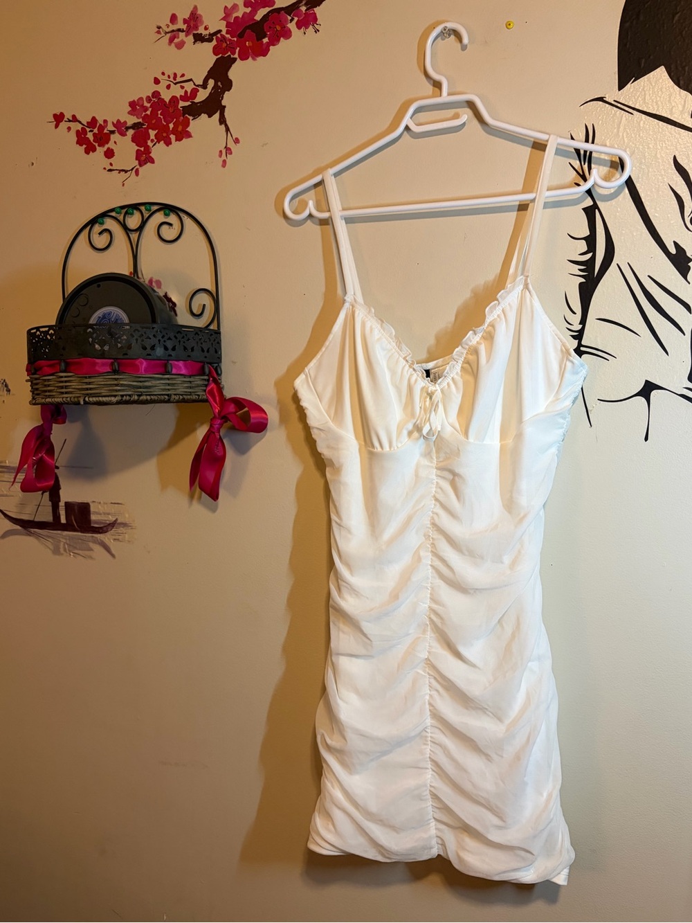 White Ruched Spaghetti-Strap Mini Dress